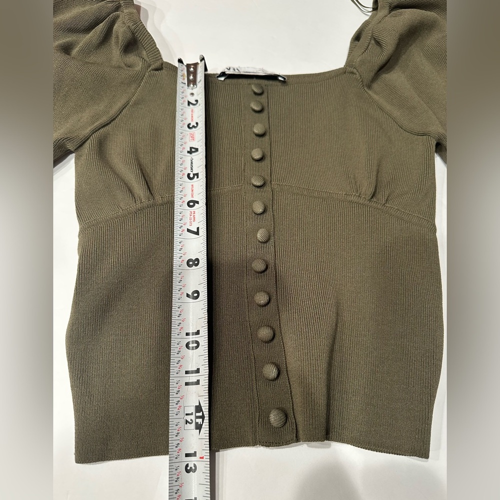 Zara Olive Green Puff Sleeve Crop Blouse Size M - Picture 6 of 12